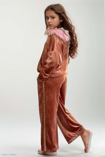 Riccotarz Girl - Gold Thread and Stripe Detailed Fur Hooded Dried Rose Tracksuit Set