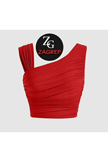 Zagrep Red Crop Women's Bustier - Shoulder Detailed, Draped, Inner Look Free Silk Jersey