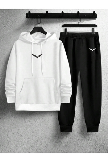 EFFRENATU Unisex Winter Black Printed Combed Cotton Tracksuit Set