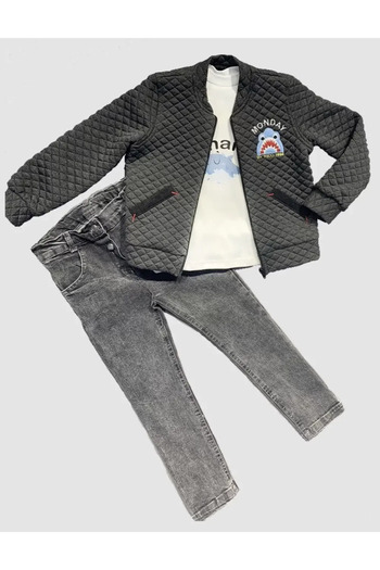 The LOG INVEST Denim Trousers Pilot Coat Long Sleeve Combed Cotton Sweat 3-Piece Boy's Set Smoked