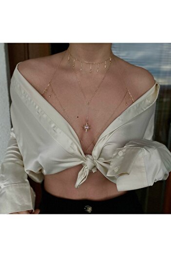 pop up store 14k Gold Taşlı Kolye Ve Vücut Aksesuarı Set