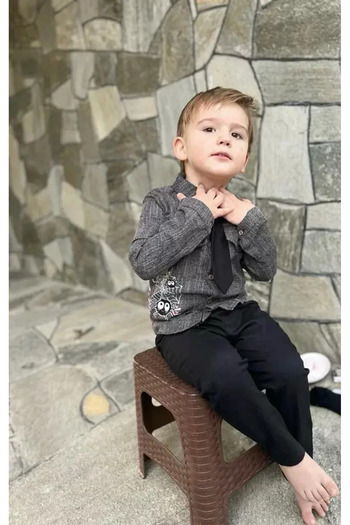The LOG INVEST Tie Linen Shirt Gabardine Trousers Long Sleeve 3-Piece Boy Set Smoked