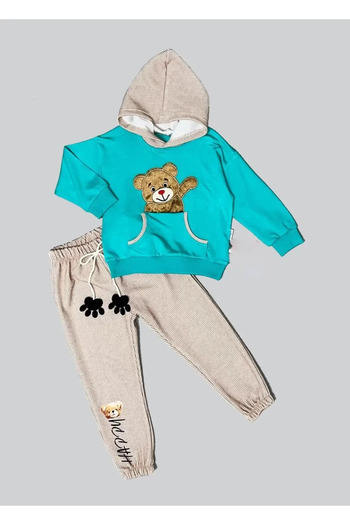 The LOG INVEST Boy's Set - Plush Bear Pattern, Hooded, Long Sleeve Combed Cotton Sweat 2-piece, Mint Green