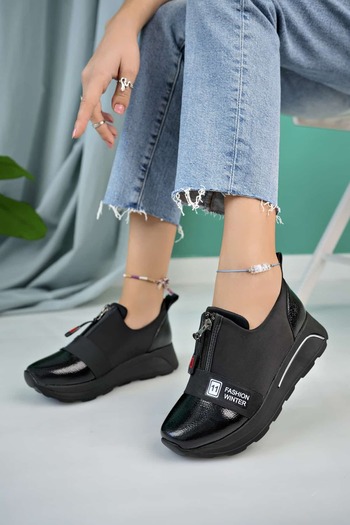 DİLEK SHOES Black Stretch Patent Leather - Full Orthopedic Soft Insole and Closed Casual Sneakers 002