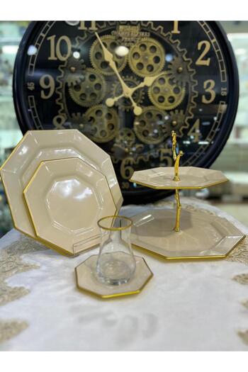Barok 6 Pieces 25 Pieces - Octagonal Cream Gold Gilt Cake Tea Serving Treat Set