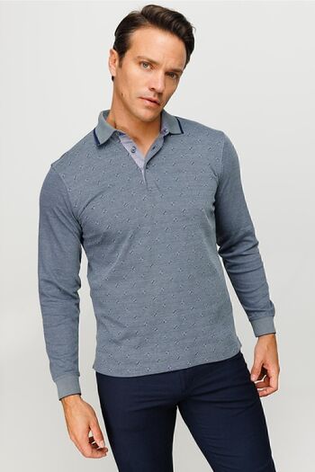 Desen Triko Men's Polo Neck Square Patterned Long Sleeve Sweatshirt Smoked