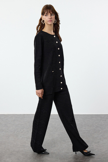 Trendyol Modest Black Embroidery Look Self Patterned Knitwear Bottom-Top Suit Tctaw25Us00072