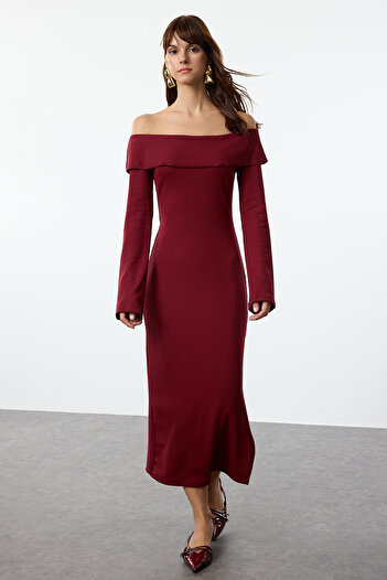 Trendyol Collection Rochie creion Midi Carmen cu guler burgundă cu textura elastică și moale - TWOAW24EL00803