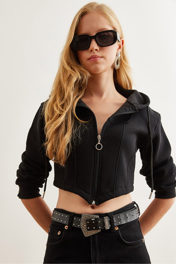 Olalook Black Crop Sweatshirt - Corset Detailed, Hooded, Hooded Swt- 19000657