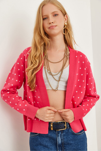 Olalook Fuchsia Heart Detailed Thick Band Women's Knitwear Cardigan - Hrk- 19000295