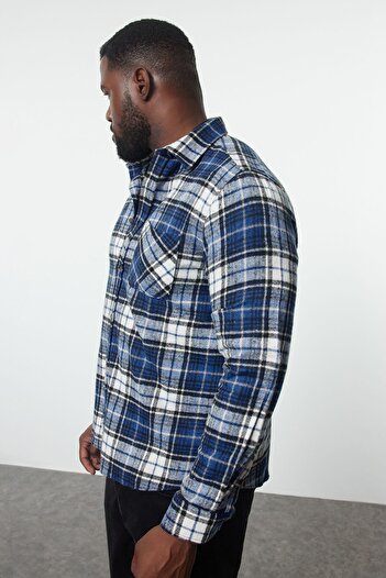 Trendyol Collection Winter Plaid Print Lumberjack Plus Size Shirt - Blue Regular Fit TMNAW25AX00003