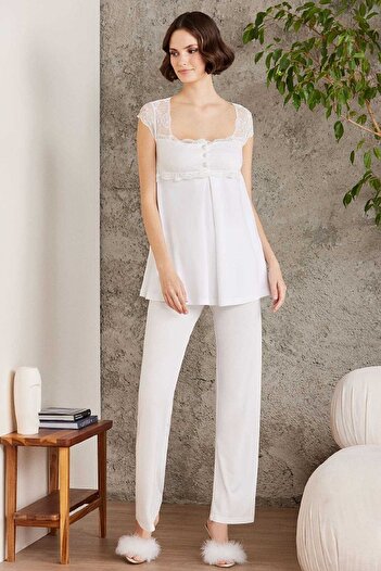 Pierre Cardin 2805 Hamile Lohusa Sabahlıklı Pijama Takım-ekru