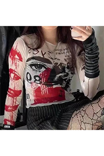 Köstebek Long Sleeve Ecru Grunge Crop Top - Marginaly Printed