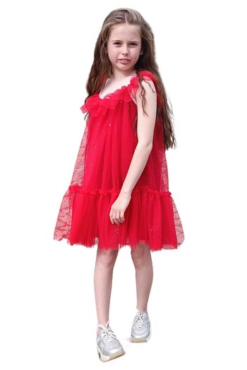 Colorinas April Girl's Party Dress with Shiny Piping Collar and Skirt Ruffles