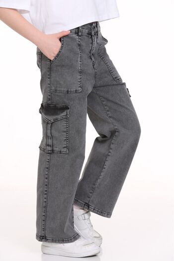 WOGGI Dívčí Cargo Jeans Široké široké nohavice Elastické s vysokým pasem Kapsa Bavlněné džíny