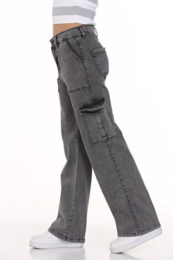 WOGGI Dívčí Cargo Jeans Široké široké nohavice Elastické s vysokým pasem Kapsa Bavlněné džíny