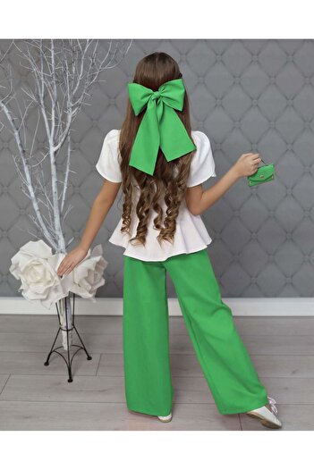 By Feyza Kids Collection Girl's Rose Accessory Blouse, Pants, Bow Buckle and Mini Handbag Set
