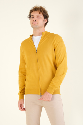 Giyim Dünyası Mustard Men's Cardigan - Stand Collar and Zipper