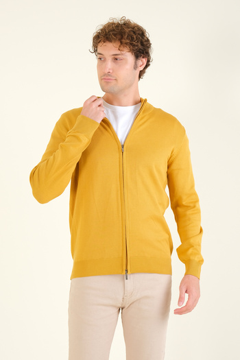 Giyim Dünyası Mustard Men's Cardigan - Stand Collar and Zipper
