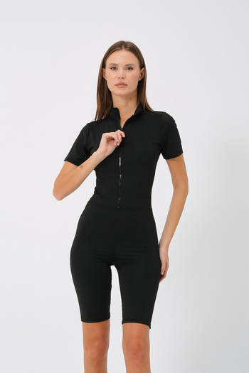 vawensea Women's Solid Color Half Sleeve Zippered Long Shorts Swimsuit Black (with Breast Pad)