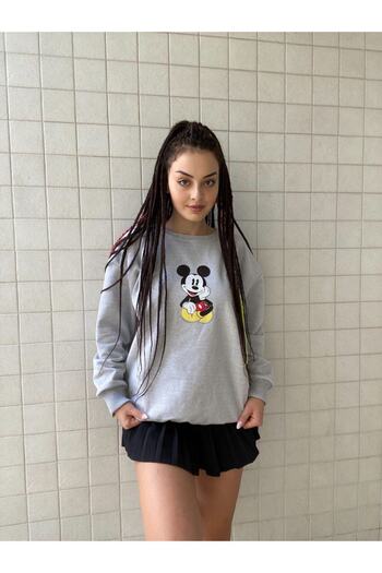 AFROGİYİM Women's Gray Oversize Sweat Looney Tunes Print