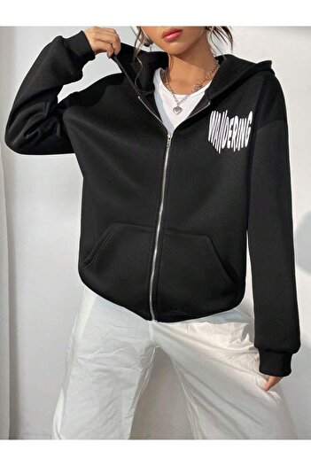 AFROGİYİM Unisex Wandering Printed Oversize Zipper Hooded Cardigan