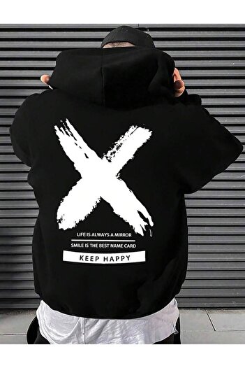 AFROGİYİM Unisex Keep Happy X Printed Oversize Hooded Hoodie