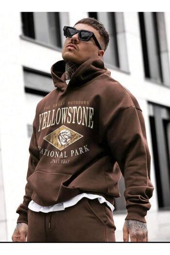 AFROGİYİM Unisex Yellow Stone National Printed Oversize Hoodie