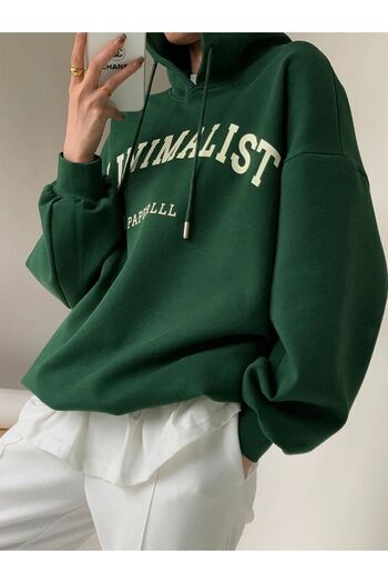 AFROGİYİM Women's Minimalist Paperlll Printed Oversize Fleece Hoodie