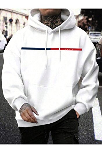 AFROGİYİM Men's Paris Line Printed Oversize Hooded Hoodie