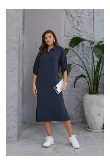 Elif Özbey Butik Füme Kol Detaylı Polo Yaka Modal Elbise