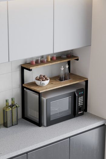 ED Efelez Design Akik 2-Shelf Metal Multi-Purpose Kitchen Shelf / Counter Top Shelf Black Metal - Atlantic Pine Top