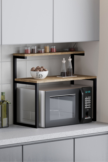 ED Efelez Design Akik 2-Shelf Metal Multi-Purpose Kitchen Shelf / Counter Top Shelf Black Metal - Atlantic Pine Top