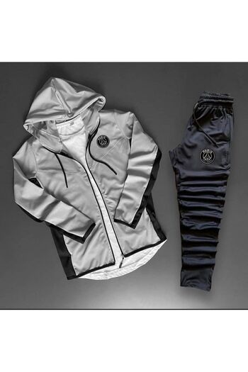 NOFLEN Unisex Gray Hooded Paris Printed Tracksuit Set