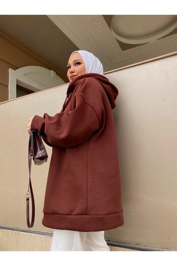 modabetce Extra Oversize Καφέ Basic Γυναικείο Φούτερ με 3 Κλωστές Βαμβακερό Στριγκένιο 1003