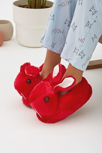 Moda Devrin Red Animal Silent Sole Slippers Plush Home Shoes with Rabbit Figure (EYE VIDEO EMBROIDERED LIKE WHAT)