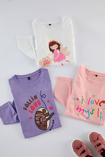 TRENDYOLKIDS Dívčí sada 3dílných bavlněných pletených triček Ecru-Lilac-Powder - Tkdaw25Ts00011