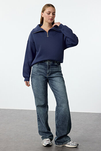 Trendyol Collection Indigo Fleece mikina na zipVersize - tlustá uvnitř Twoaw23sw00091