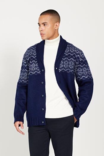 ALTINYILDIZ CLASSICS Men's Navy Blue Patterned Shawl Collar Knitwear Cardigan - Standard Fit