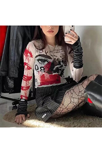 Köstebek Long Sleeve Ecru Grunge Crop Top - Marginaly Printed