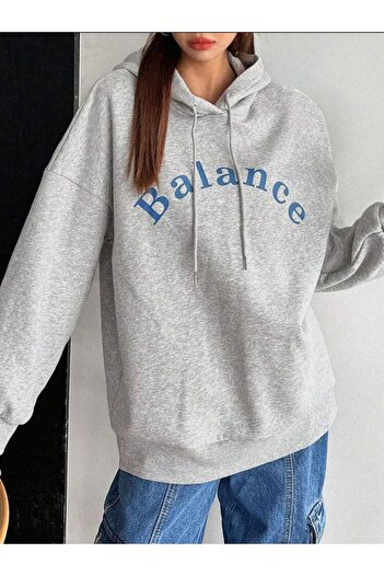 AFROGİYİM Kadın Oversize Gri Kapşonlu Balance Baskılı Hoodie