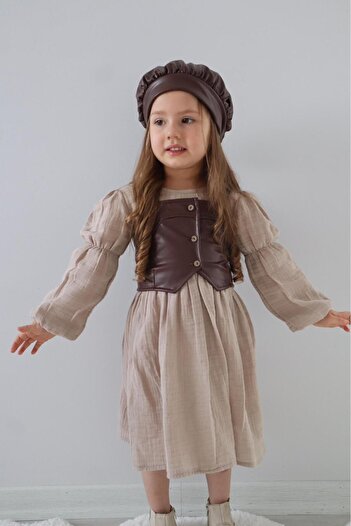 Süslüm Kids Кожена рокля с шапка