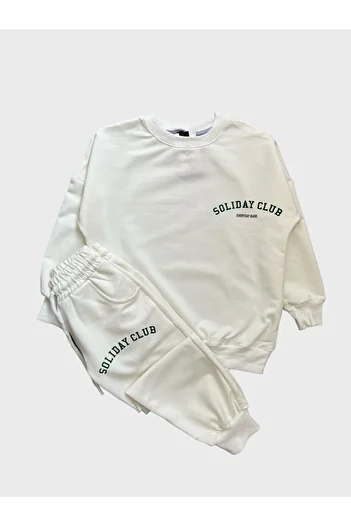 ALİŞ KİDS Ecru Green Children's Tracksuit Set - Cotton, Text Pattern, Pocket and Elastic Waist
