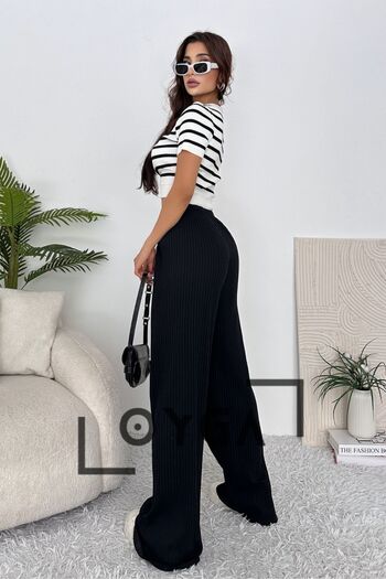 Oyga Women's Ribbed Palazzo Trousers - Black Comfortable Wear
