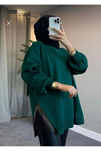 Sfg Life Moda Πέτρινη Λεπτομερής λαιμόκοψη ποδηλάτου με σχισμή πλεκτό χιτώνα μεγάλου μεγέθους - μπαλόνι μανίκι