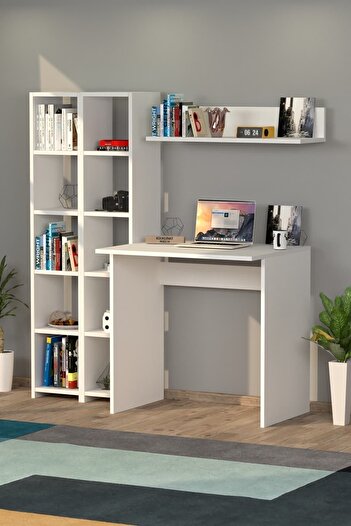 Moonlife Modern Kitaplıklı Çalışma Masası, Bilgisayar Masası Beyaz