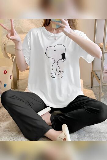 Trendglow Snoopy Printed Λευκό Μαύρο Φαρδύ Βαμβακερό Σετ Γυναικείες Πυτζάμες - T-Shirt με λαιμόκοψη