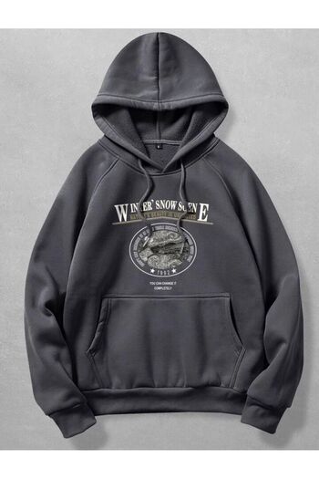 AFROGİYİM Unisex Winner Snow Printed Fleece Hooded Sweatshirt