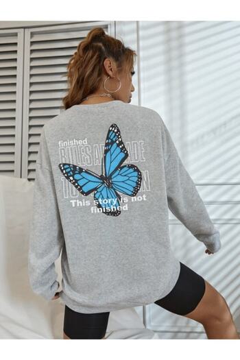 AFROGİYİM Lunavıta Blackjack - Gray Oversize Sweatshirt, Blue Butterfly Printed