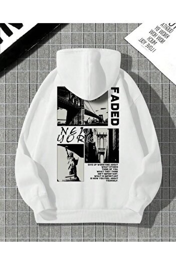 AFROGİYİM Unisex Faded New York Back Printed Oversize Hoodie